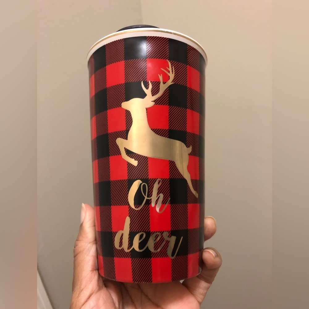 Oh Deer • Red & Black Plaid Ceramic Travel Mug. New never used